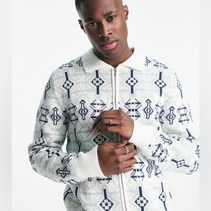 ⭐️ ASOS Topman geometric knitted zip through polo in ecru and blue MEDIUM